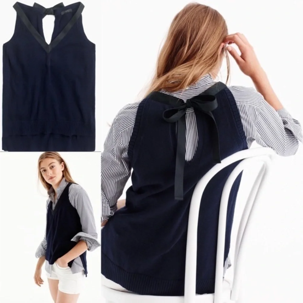J. Crew navy knit sleeveless top with black ribbon detail